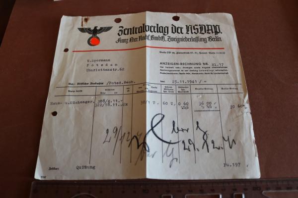 Anzeigenrechnung des Zentralverlages der NSDAP 1941